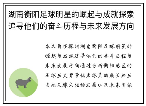 湖南衡阳足球明星的崛起与成就探索追寻他们的奋斗历程与未来发展方向