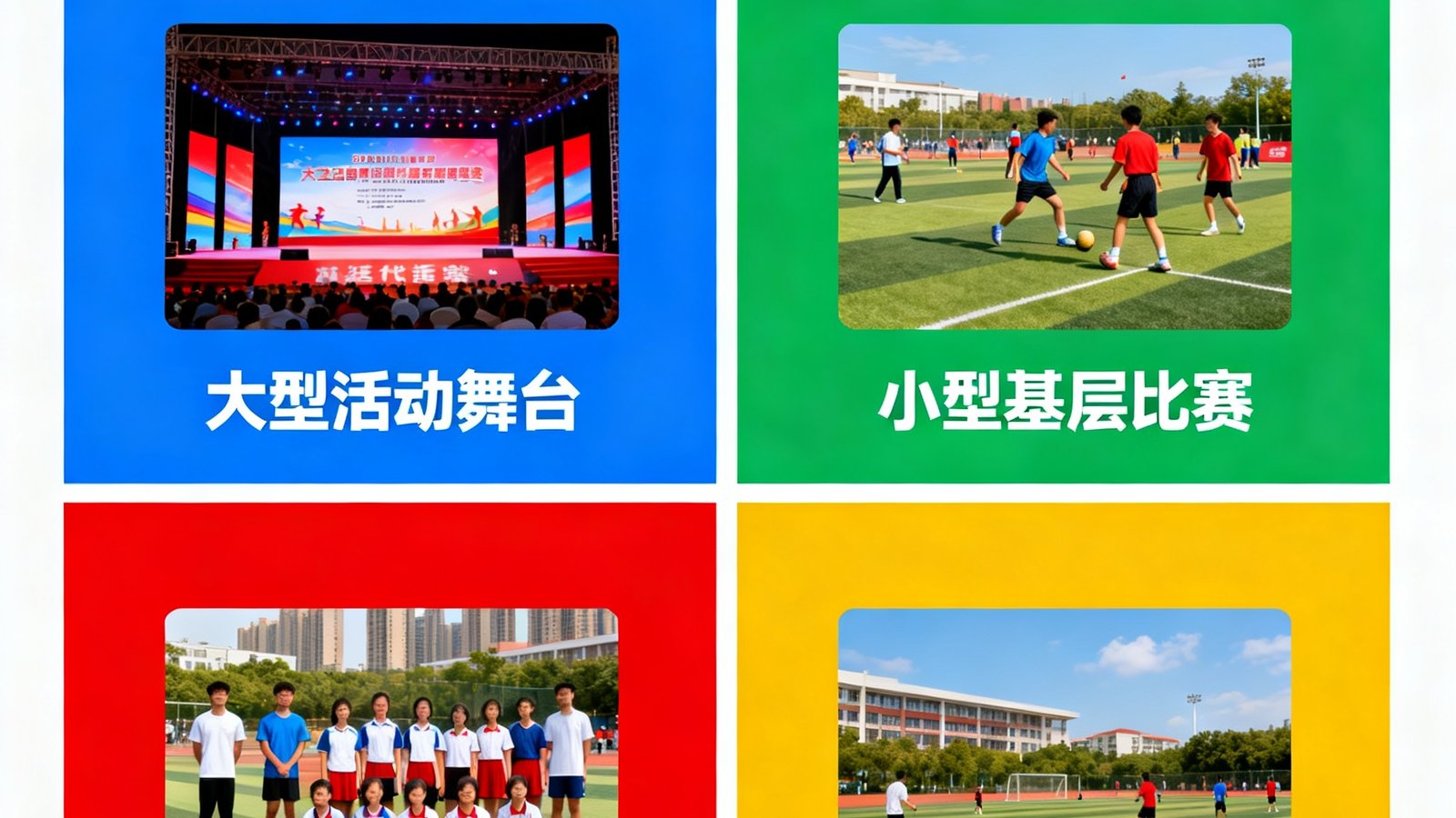 四位一体服务模式示意图，四个象限分别展示大型活动舞台、小型基层比赛、协会兴趣小组和固定运动阵地四种场景