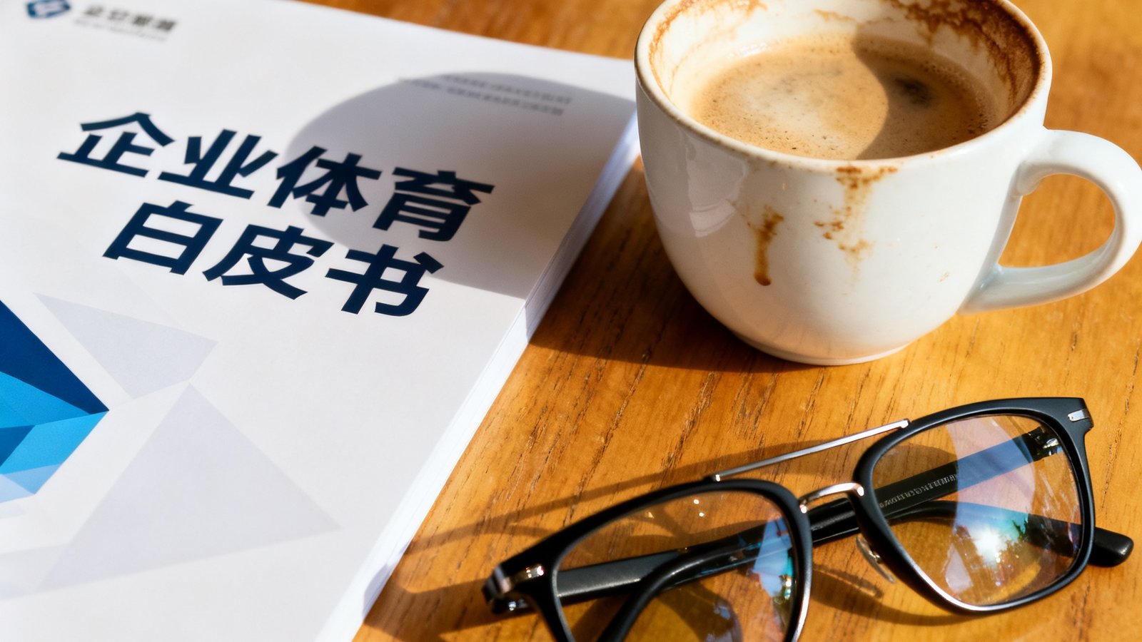 一本封面印有企业体育白皮书字样的报告册放置在木质桌面上，旁边有一杯咖啡和一副运动眼镜