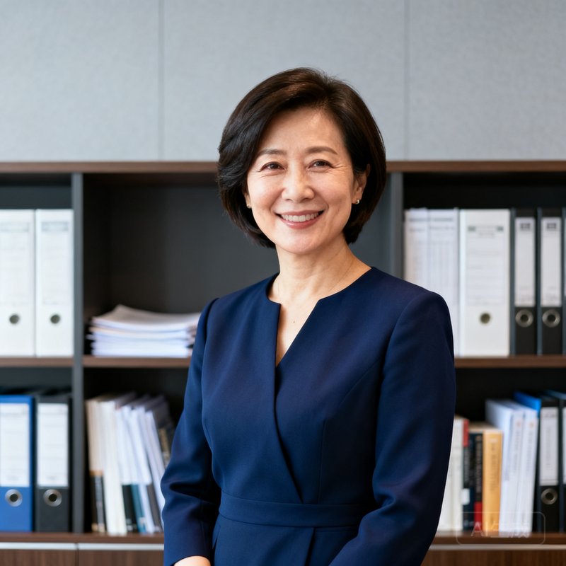 一位四十岁左右的女性HR总监，短发干练，身着深蓝色职业装，面带微笑站在办公室书架前