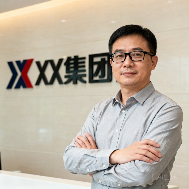 一位三十五岁左右的男性行政总监，戴着黑框眼镜，穿着浅灰色衬衫，站在公司logo墙前双臂交叉